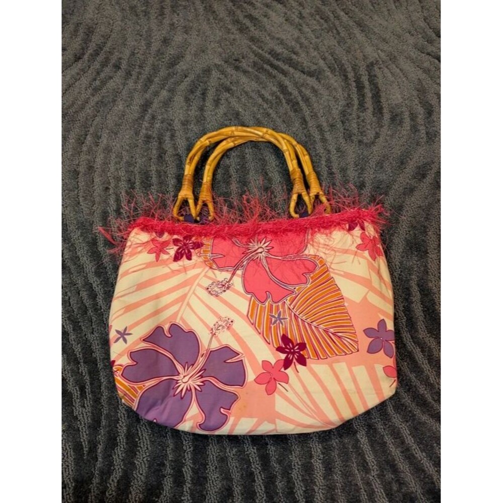 Cris-Dee Fashions Tropical Floral Purse Bamboo Handle Pink Fringe Handbag